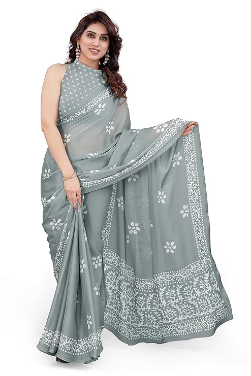 Latest Chiffon Batik Printed Saree with Blouse Piece