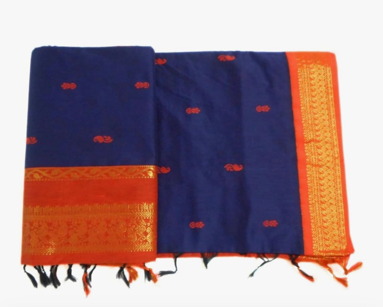 Pure Kalyani Cotton Saree Lata Gadwal Design (Navy Blue & Orange)