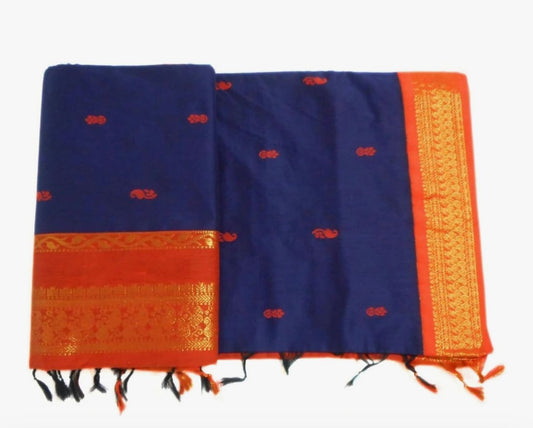 Pure Kalyani Cotton Saree Lata Gadwal Design (Navy Blue & Orange)