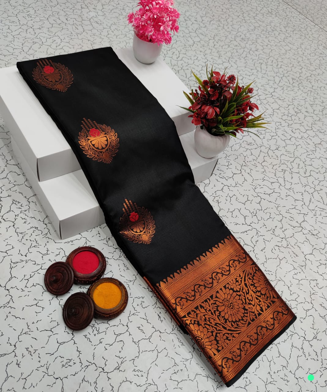 Black & Copper Kanchipuram soft silk saree