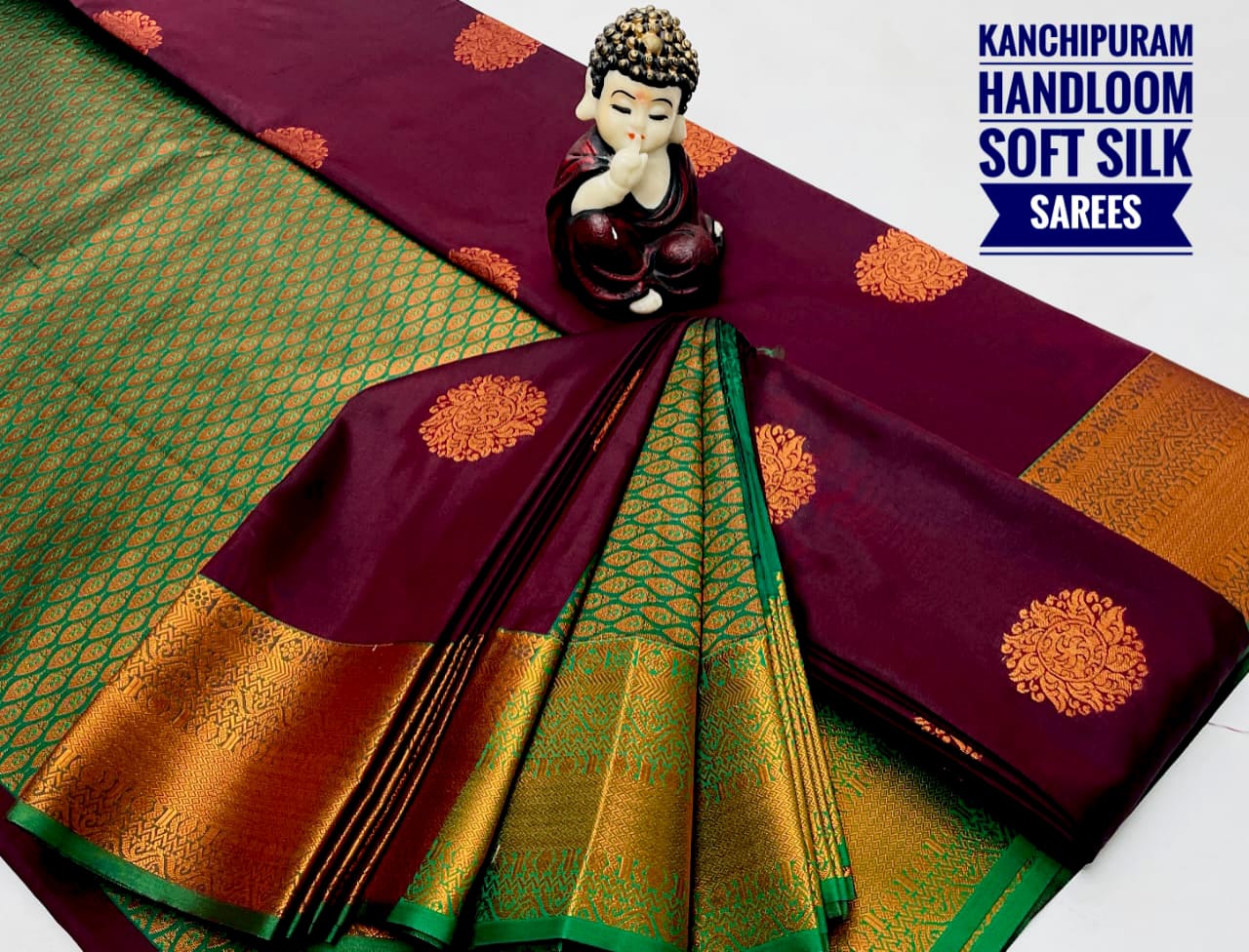 Green burgundy & copper Kanchipuram handloom soft silk sarees