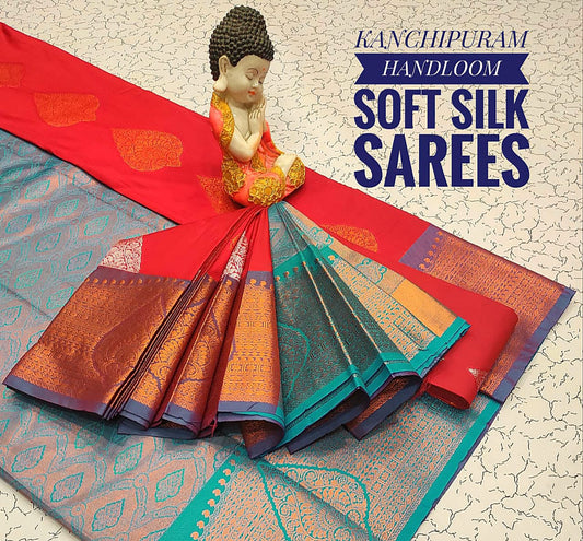 Orange Purple & Teal Kanchipuram Handloom soft silk sarees