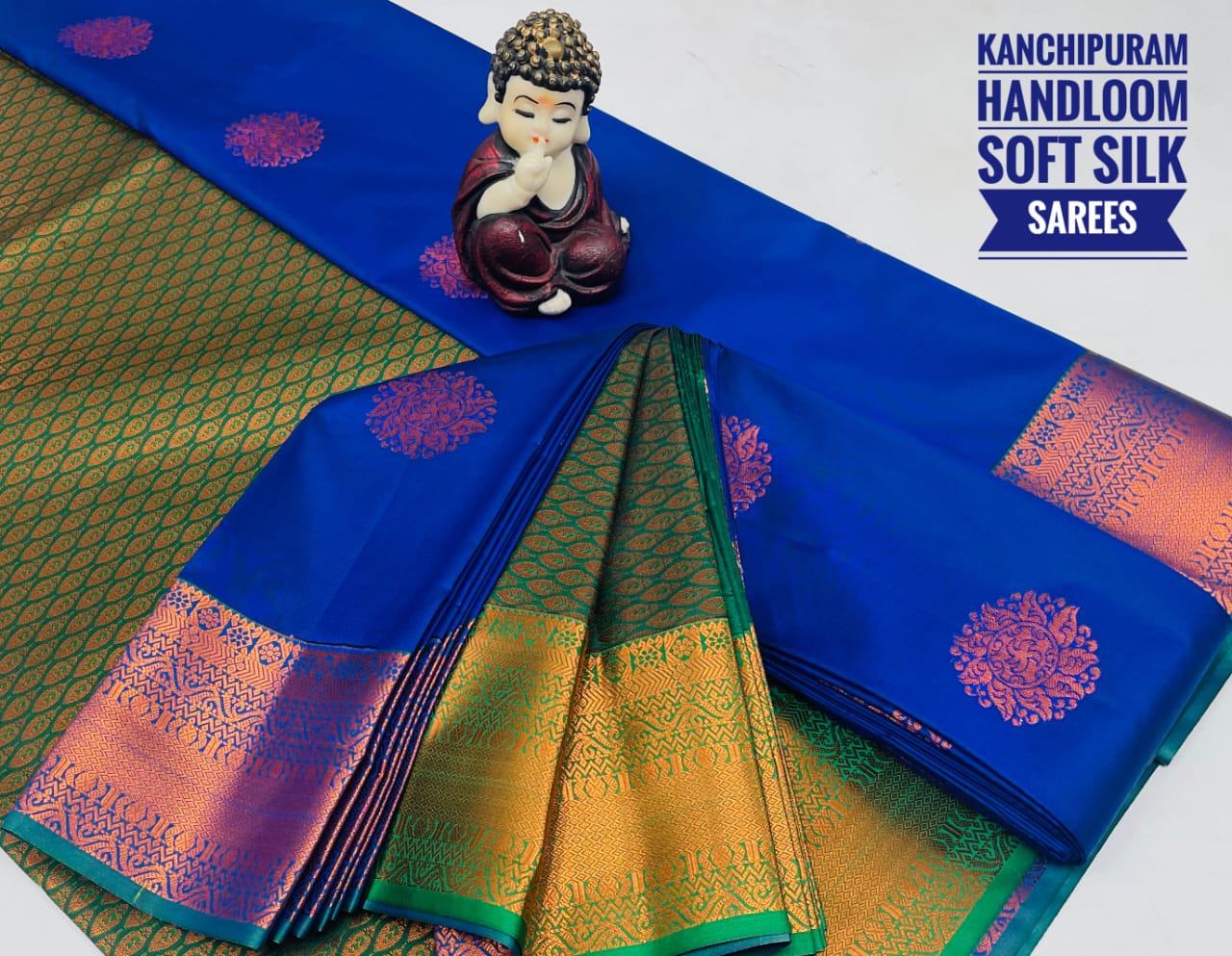 Royal Blue & Green Kanchipuram handloom soft silk sarees