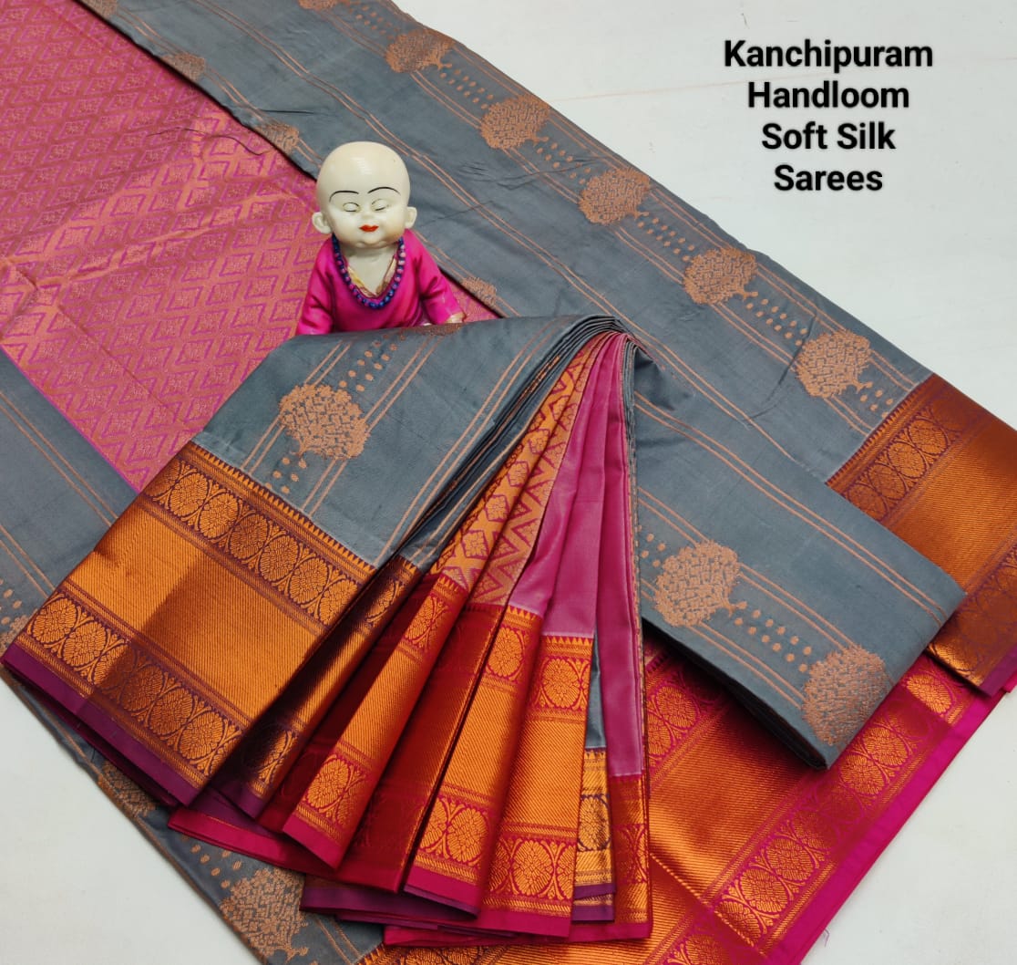 Soft grey and pink Kanchipuram handloom soft silk