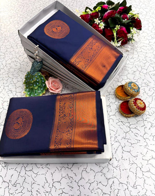 Royal Blue and Bronze Kanchipuram soft silk