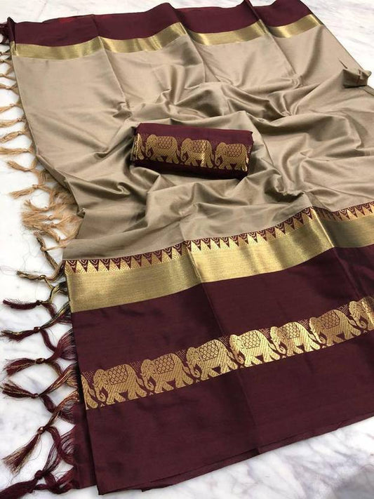 Woven Kanjivaram Cotton Silk Blend Saree (Beige & Maroon)
