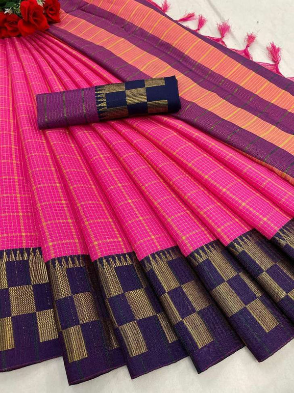 Woven Kanjivaram Silk & Cotton Blend Saree Pink & Raninavy)