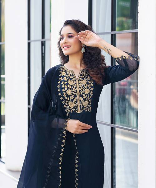 Silk Blend Kurta Pant Set (Navy Blue)