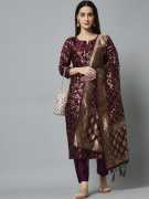 Cotton Blend Straight Kurta Pant and Dupatta Set (Grape / Purple) silk