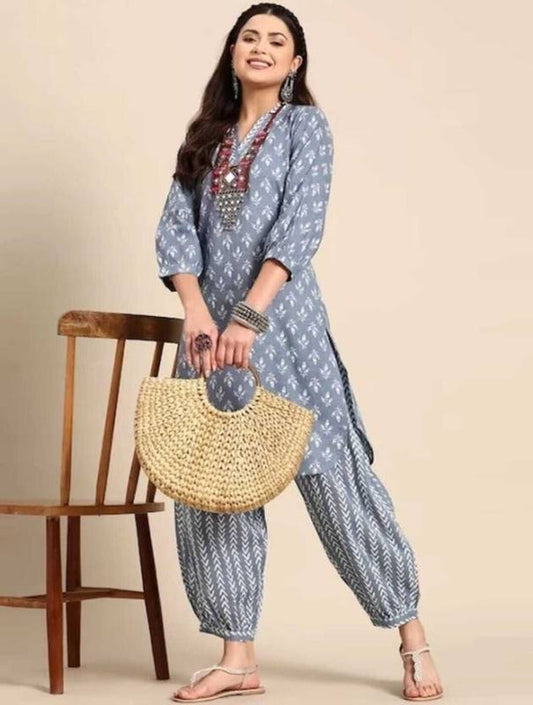 Cotton Blend Kurta Pant set Blue & white lookmark